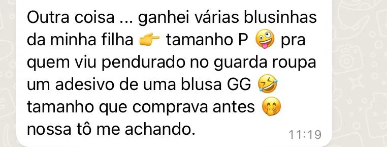 Feedback real de paciente sobre evolução no tamanho das roupas